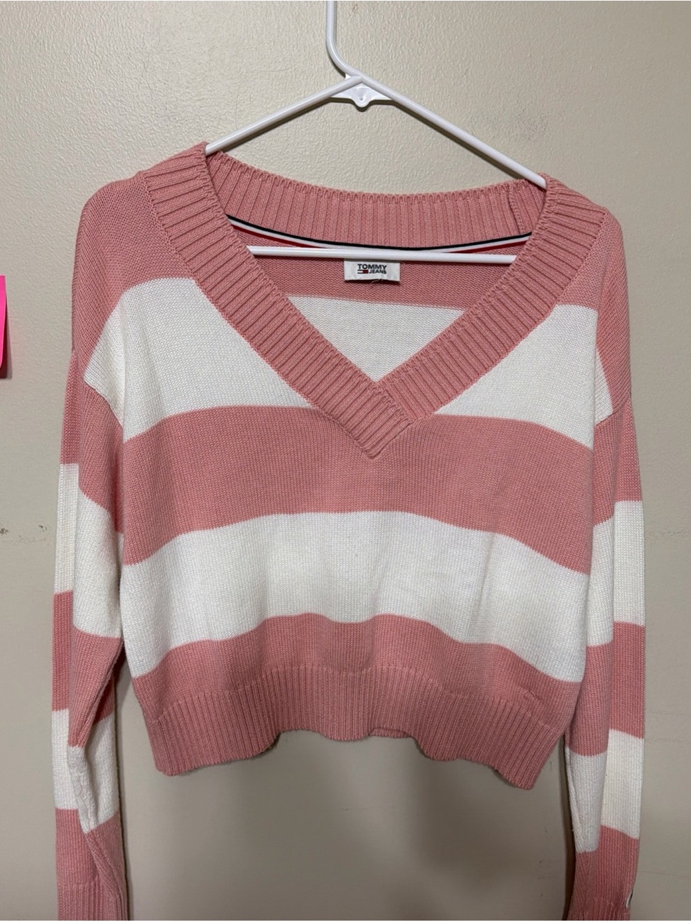 Tommy Hilfiger Rose Pink & White Striped V-Neck Sweater